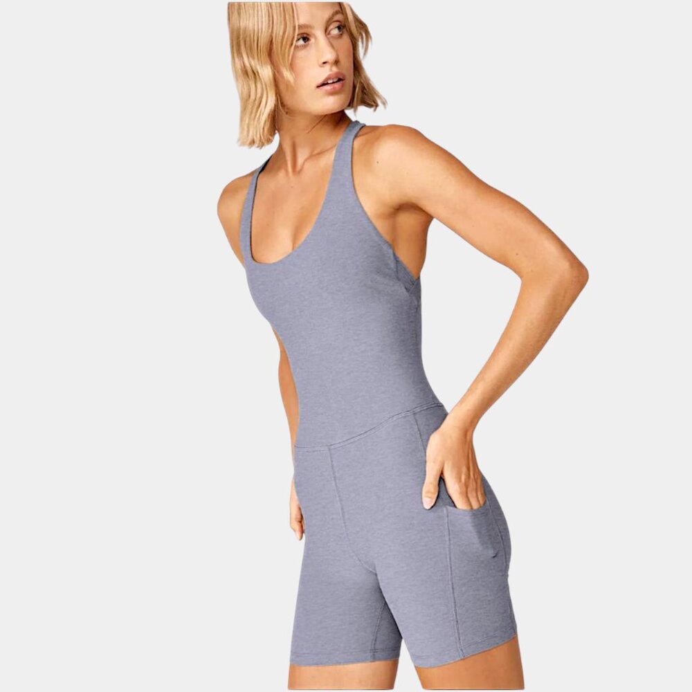 Beyond Yoga Get Up And Go Pocket Grey Biker Jumpsuit